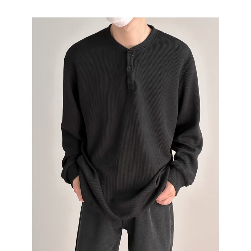 Herrenbekleidung Langarm-T-Shirt, Waffelstrick-Henley-Langarm-T-Shirt für Herren - Strukturierter, lässiger Arbeitspullover mit Knopfleiste_voghion.com