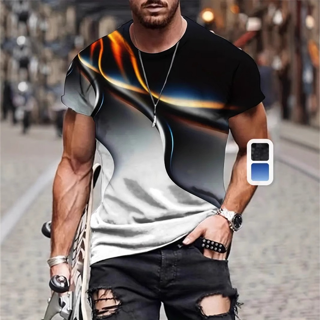 Camiseta de cuello redondo suelta y transpirable de manga corta de la calle para hombre Spot moda metal colorido halo impresión 3D
