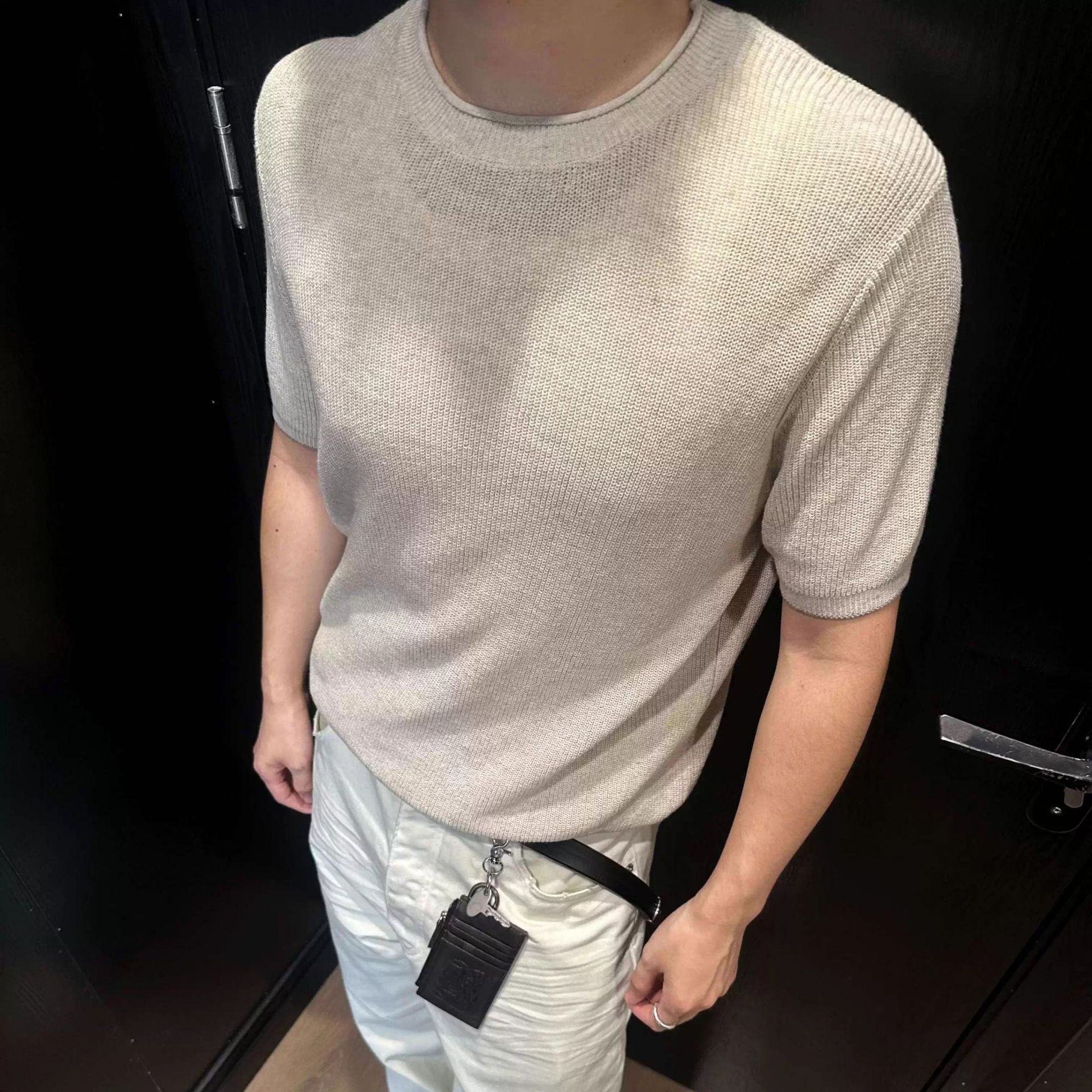 Camisa de punto de manga corta hombre cuello redondo hueco seda de hielo transpirable verano viejo estilo de negocios de color sólido en la fábrica transfronteriza al por mayor