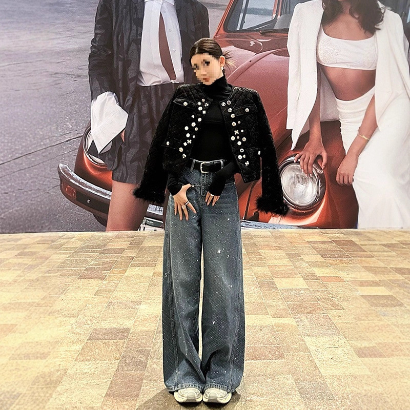 Li Wanjun Wang Heavy Industry Rhinestone Jeans for Women High Waist Starry Sky Wide-Leg Three-Dimensional Cut Straight Jeans