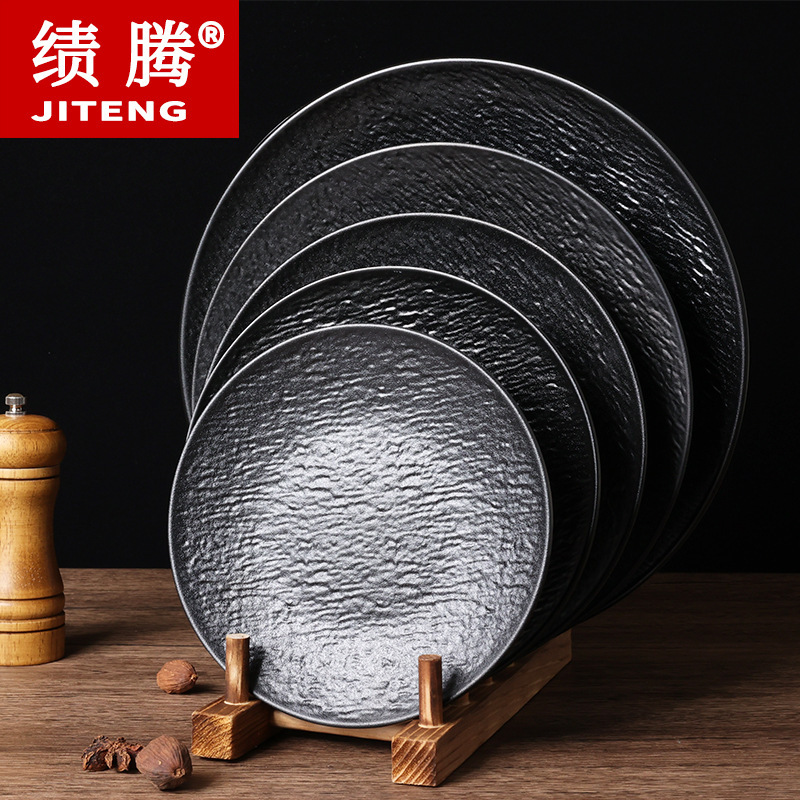 Jia Teng Black Stone Pattern Round Plate Barbecue Plate Rock Pattern Cold Dish Plate Barbecue Plate Set Melamine Plate Commercial Catering