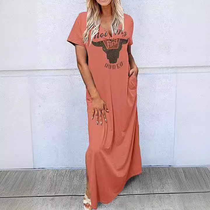 European and American Cross-Border Plus-Size Women's Clothing, Short-Sleeved Round-Neck Long Dress, Retro Cow Head Lettering Colorful Print Dress European and American Cross-Border Plus-Size Women's Clothing, Short-Sleeved Round-Neck Long Dress, Retro Cow Head Lettering Colorful Print Dress