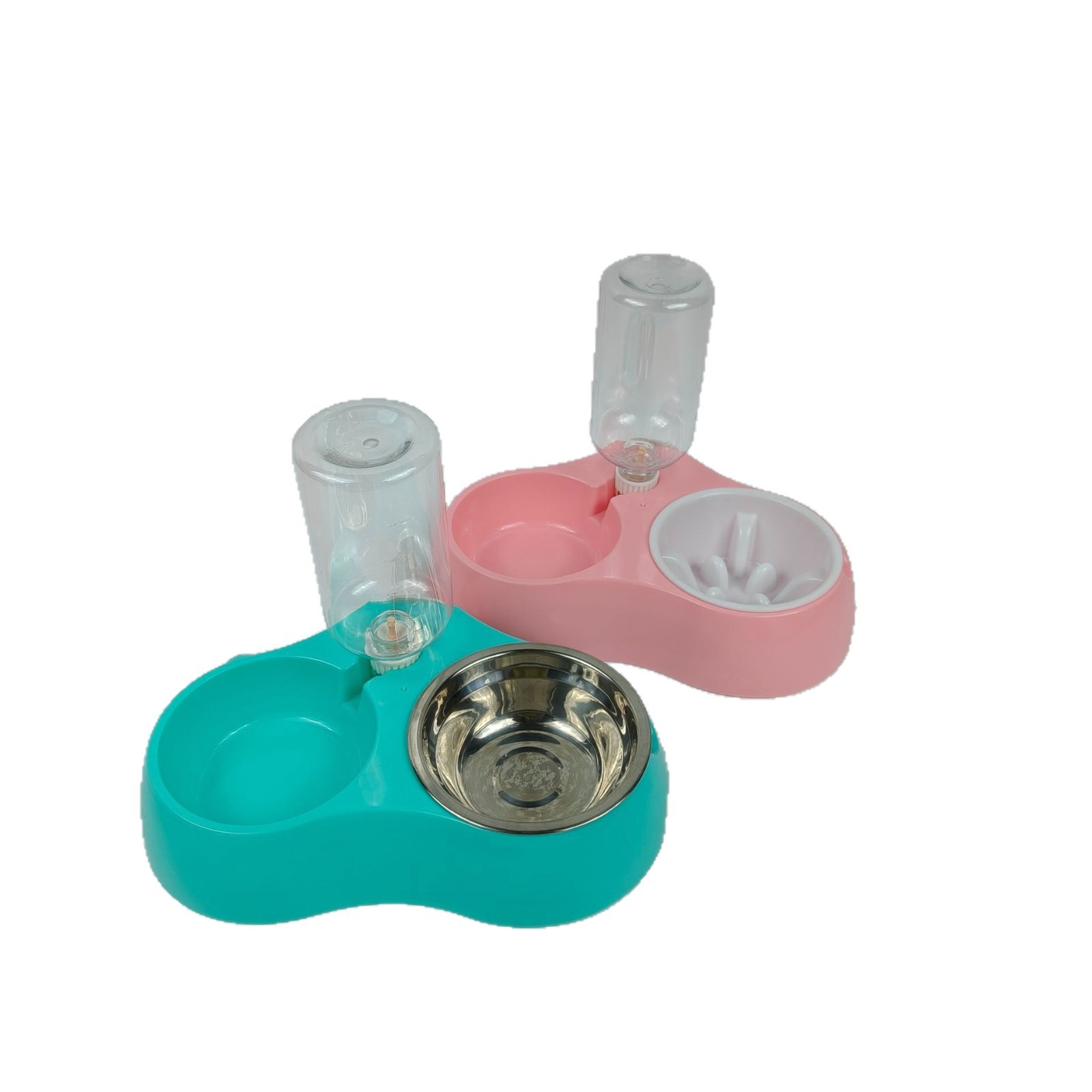 Tazón de agua para gatos y perros, tazón para gatos y perros, tazón automático de agua potable de acero inoxidable, doble tazón integrado, alimentador de perros y gatos a prueba de volcar