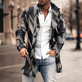 欧美外贸跨境供外贸秋冬新款男士毛呢立领中长款插袋休闲大衣男式