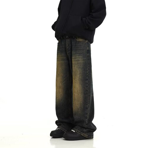 Vintage, washed jeans, men's, American high street, yellow mud dyed, mop mop daddy pants, street loose straight pants