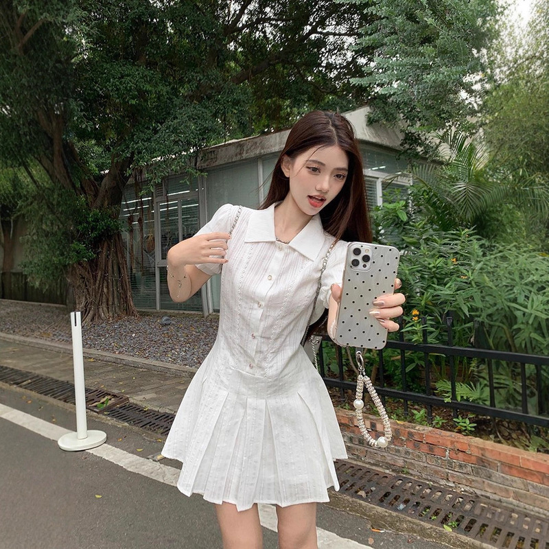 2026 New Style College Style White Dress with Lapel Collar, Women's A-Line Skirt, Summer Sweet and Slimming Dress 2026 New Style College Style White Dress with Lapel Collar, Women's A-Line Skirt, Summer Sweet and Slimming Dress