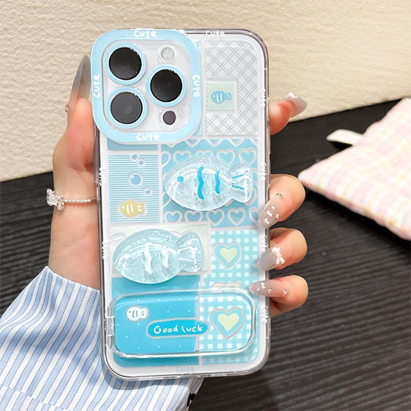 清新立体可爱小鱼适用苹果16promax保护套镜面支架iphone15手机壳|undefined
