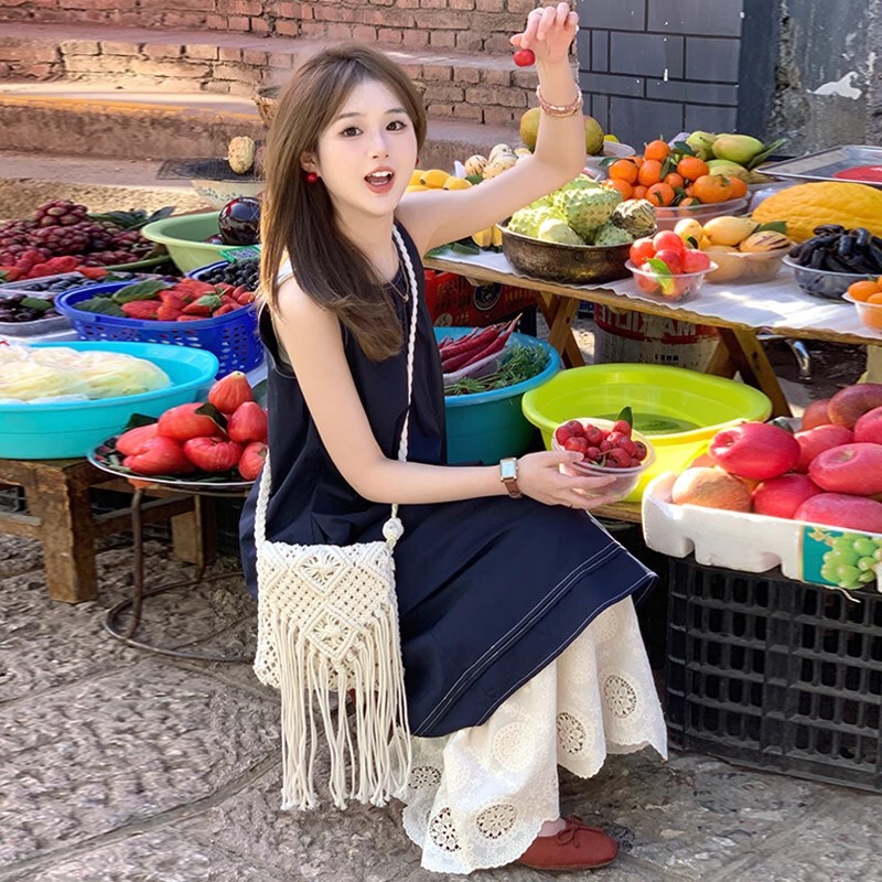 孕妇连衣裙夏季2025新款高级无袖拼接蕾丝边显瘦外穿蓝色背心裙子|undefined