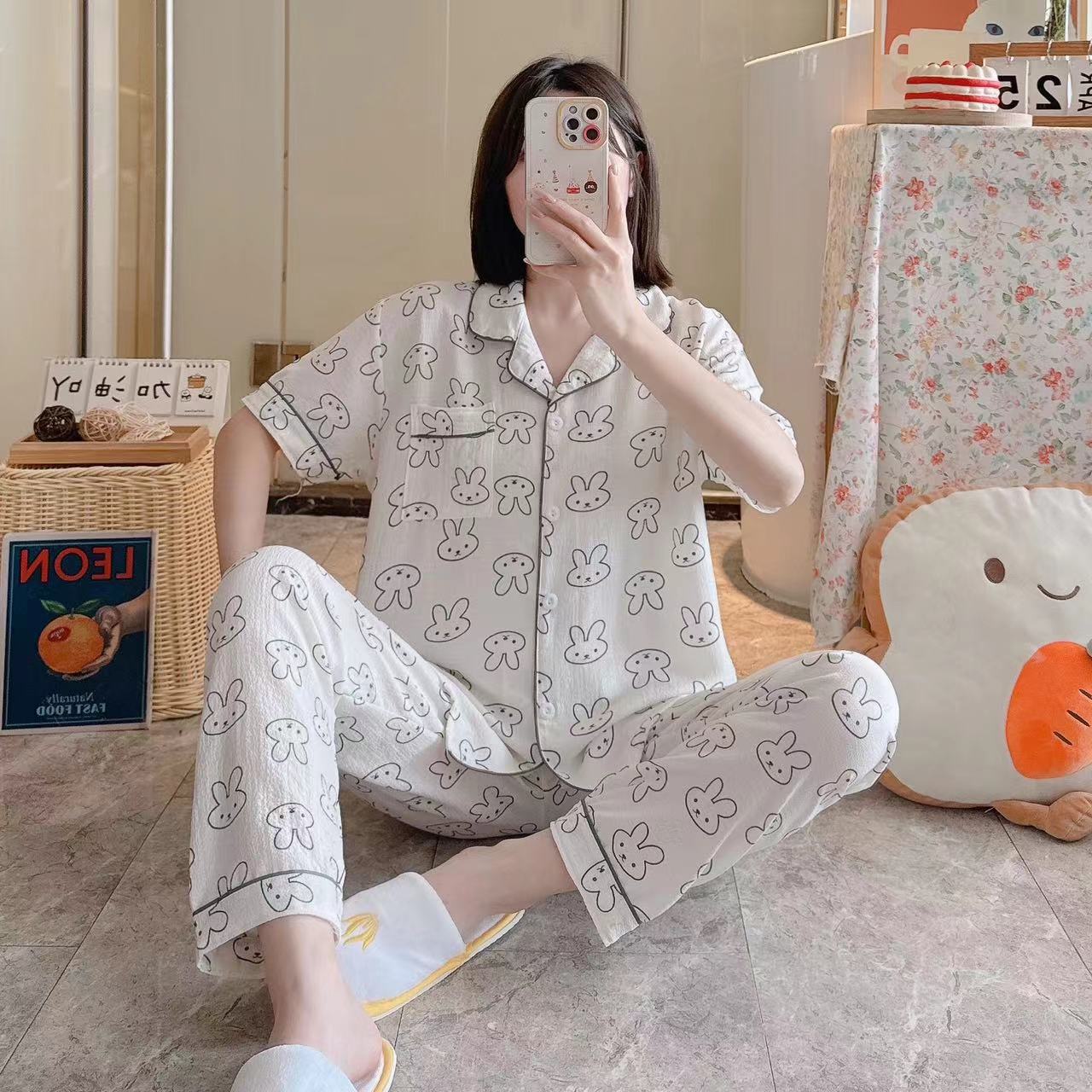 Pajamas de espuma tejidos de verano de algodón pantalones largos de mangas cortas ropa para el hogar de verano delgada de algodón conjunto de dos piezas