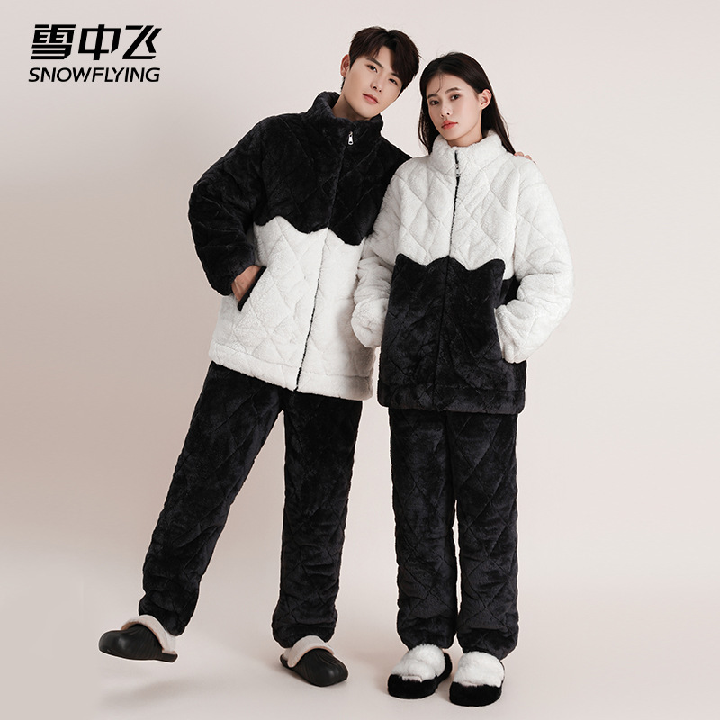 Winter Warm Couple Pajamas Set Three-Layer Quilted Coral Velvet Thickeneded Hunan Home Clothes for Men and Women to Wear Outside