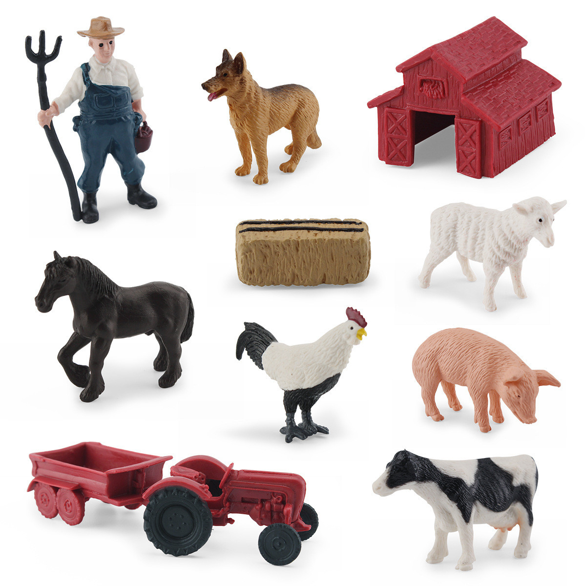 Simulación transfronteriza perro pastor Sharma Holstein vaca Gallo cerdo granja vida escena modelo adornos estáticos