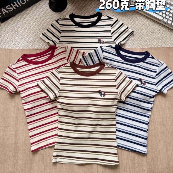 5018 # Striped slimming round-neck color-blocked comfortable short-sleeve T-shirt for women with built-in chest pads and pony embroidery