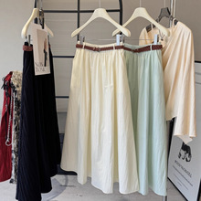 复古纯色高腰褶皱A字半身裙文艺日系长裙子2025春季大摆裙配腰带