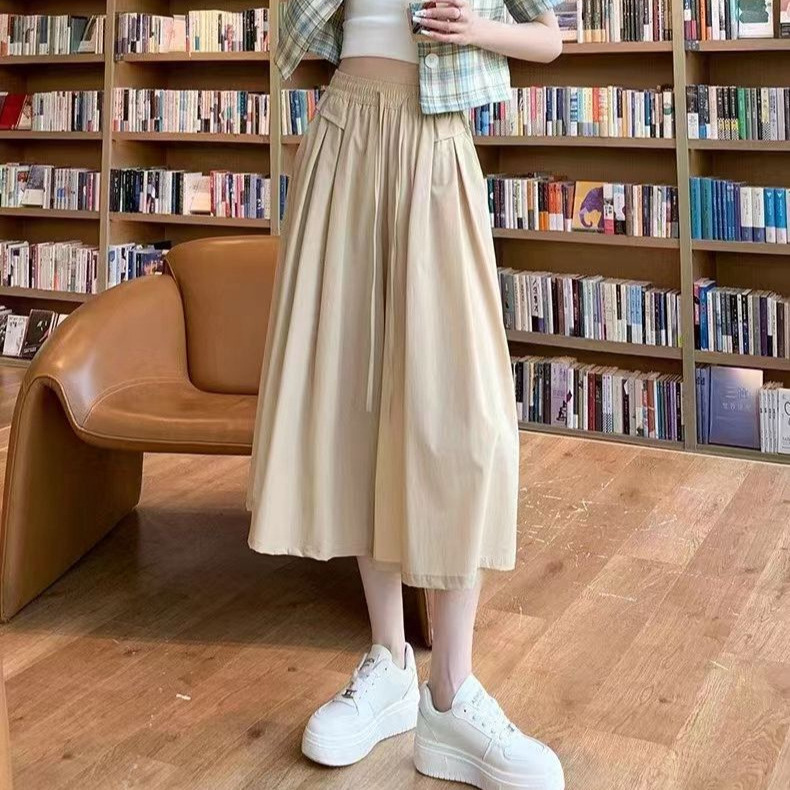 Cotton and Linen Cropped Culottes for Women in Summer, Thin, High-Waisted, Loose, Slim and Drapey, Versatile Casual Wide-Leg Culottes