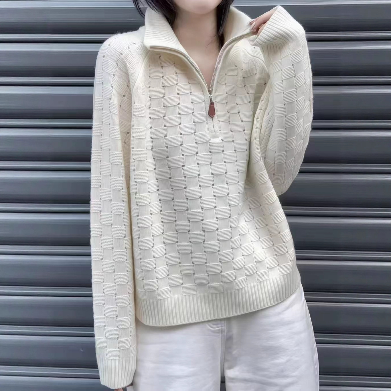 Autumn and Winter New Stand-Up Collar Knitted Pullover Sweater Women's Checkerboard Half-Zip Knitted Bottoming Shirt Loose Casual Top