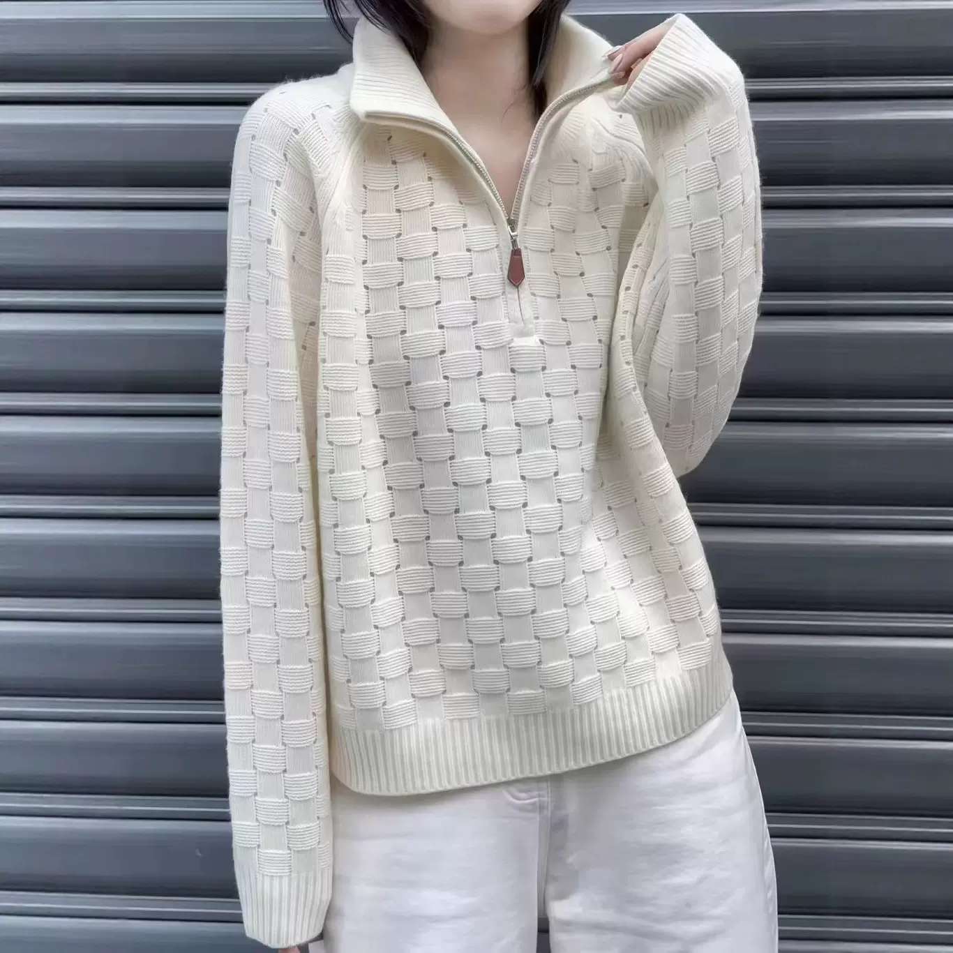 秋冬新款立领针织套头毛衣女棋盘格半拉链针织打底衫宽松休闲上衣