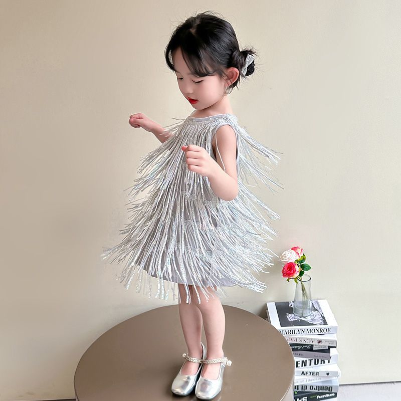 Girls Shiny Bright Heavy Pink Princess Dress Kidsren's Tassel Shawl Dress Little Girl Birthday Dress Summer