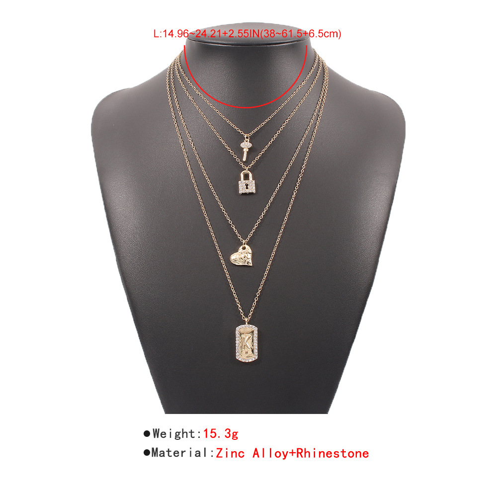 Fashion Alloy Diamond Heart Lock Square Pendent Multi-layer Necklace display picture 1