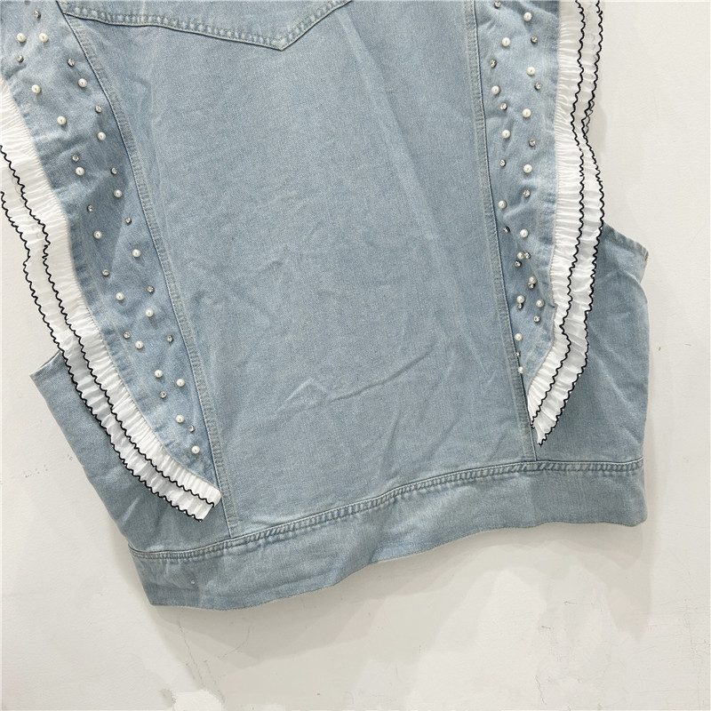 2024 industria pesada sequinilla borde de loto empalme cuentas de encaje sueltas versátiles lavado con agua jeans azul clip cardigan chaqueta