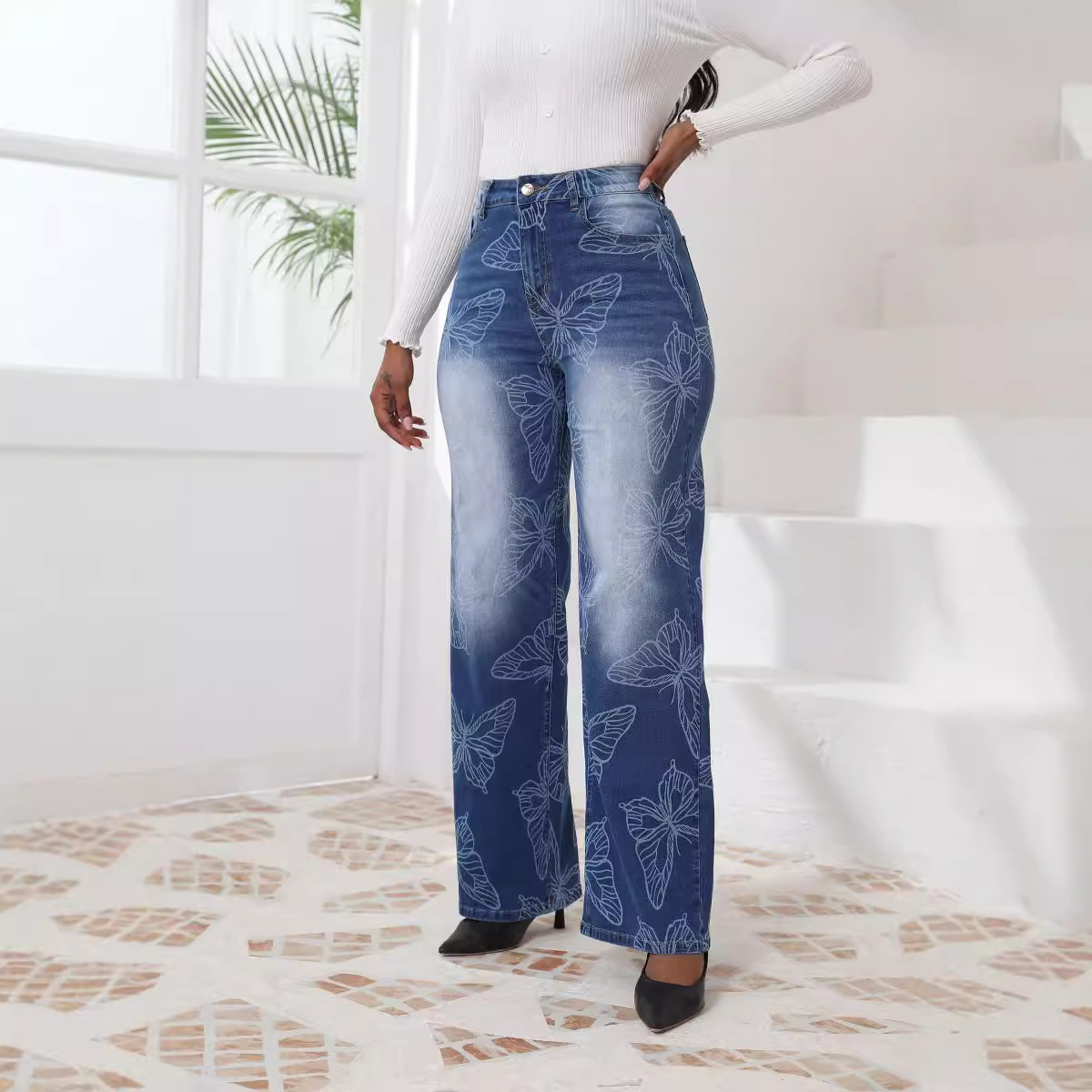 Jeans europeos de talla grande para comercio exterior, otoño-invierno 2025, nuevos jeans jacquard de cintura alta y pierna recta para Amazon transfronterizo.