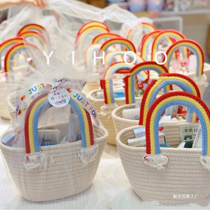 卸売レインボーポータブルバスケット赤ちゃん満月ギフト子供の百日宴会お土産織り誕生日ギフトボックス|undefined