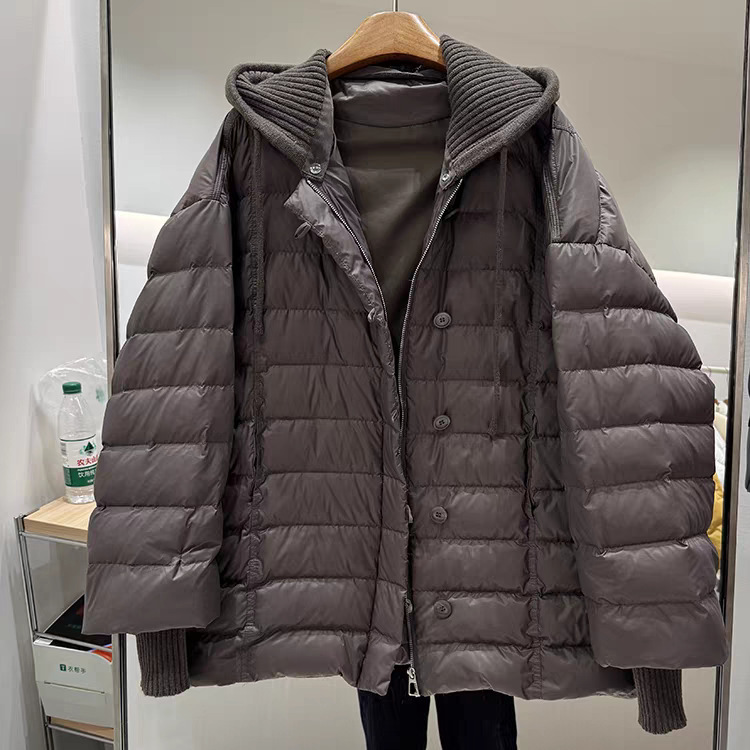 彧言 韩系白鸭绒可拆卸针织帽羽绒女中长款冬季新款宽松保暖外套|undefined