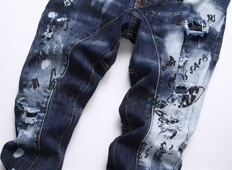 Retro Inspired Ripped & Patched Men's Jeans Stylish Embroidery Tapered Sole mid Waist Cotton Long Black/Gray/Blue Non-Stretch_mkmklike.com