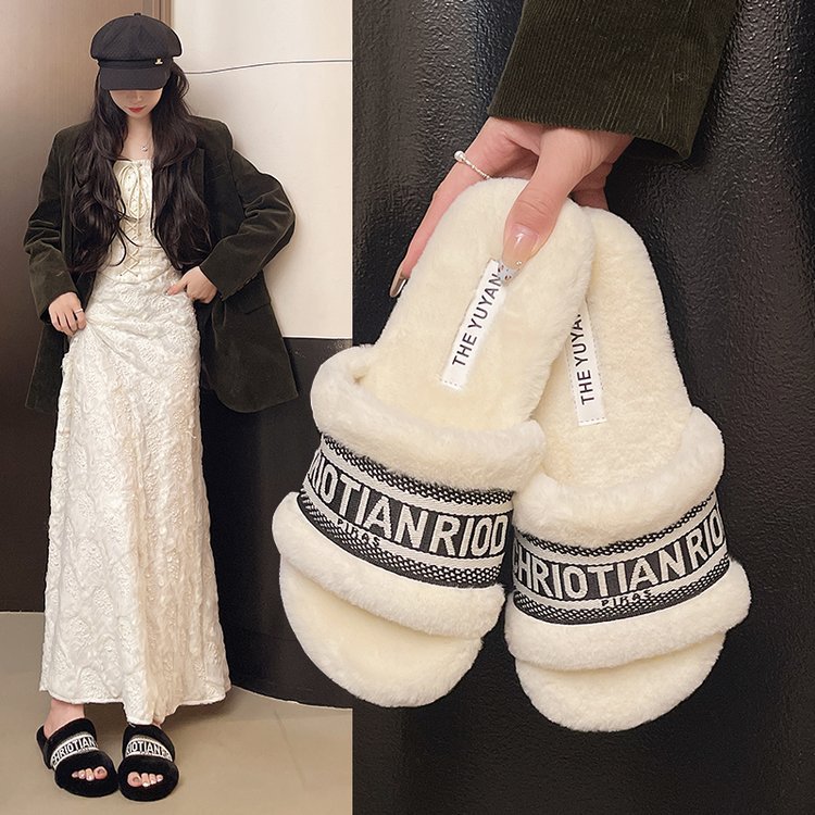 Tweed Style Furry Slippers for Women, Fashionable Outer Wear, 2025 Autumn and Winter New Flats Embroidered Letter One-Line Cotton Slippers