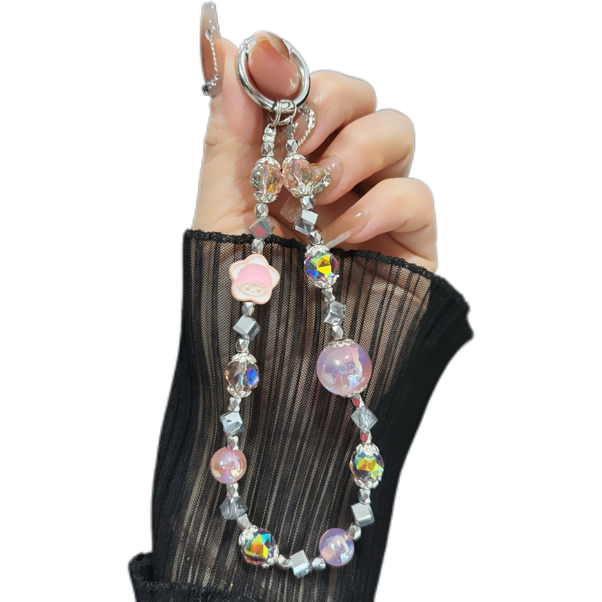 Sophisticated mobile phone, strap, short beaded bracelet, keychain