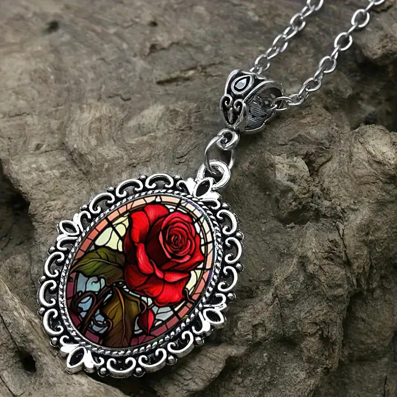 Hot-selling cross-border fashion exquisite red floral pattern oval glass alloy pendant necklace, direct from the manufacturer