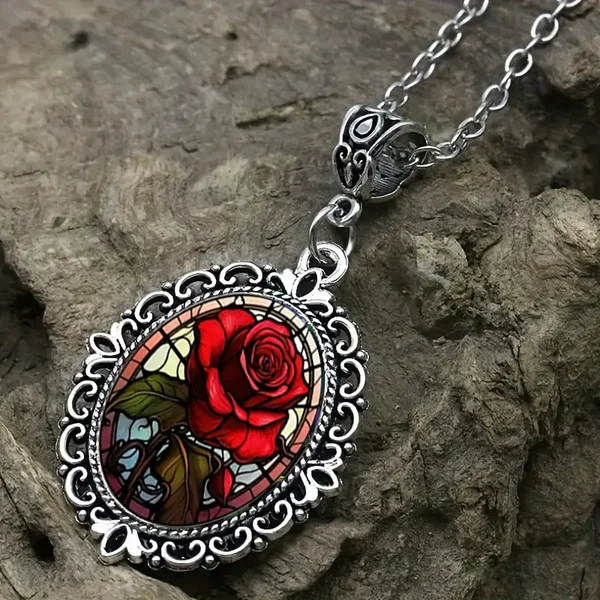 Hot-selling cross-border fashion exquisite red floral pattern oval glass alloy pendant necklace, direct from the manufacturer
