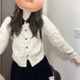 6260#春秋新款小香风毛衣外套女斑点撞色短款针织开衫别致短上衣