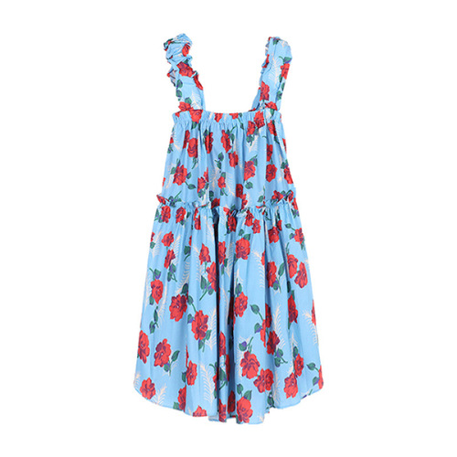 Retro black fungus edge floral print sundress with spaghetti straps, women's summer loose and slimming beach vacation style sweet short dress