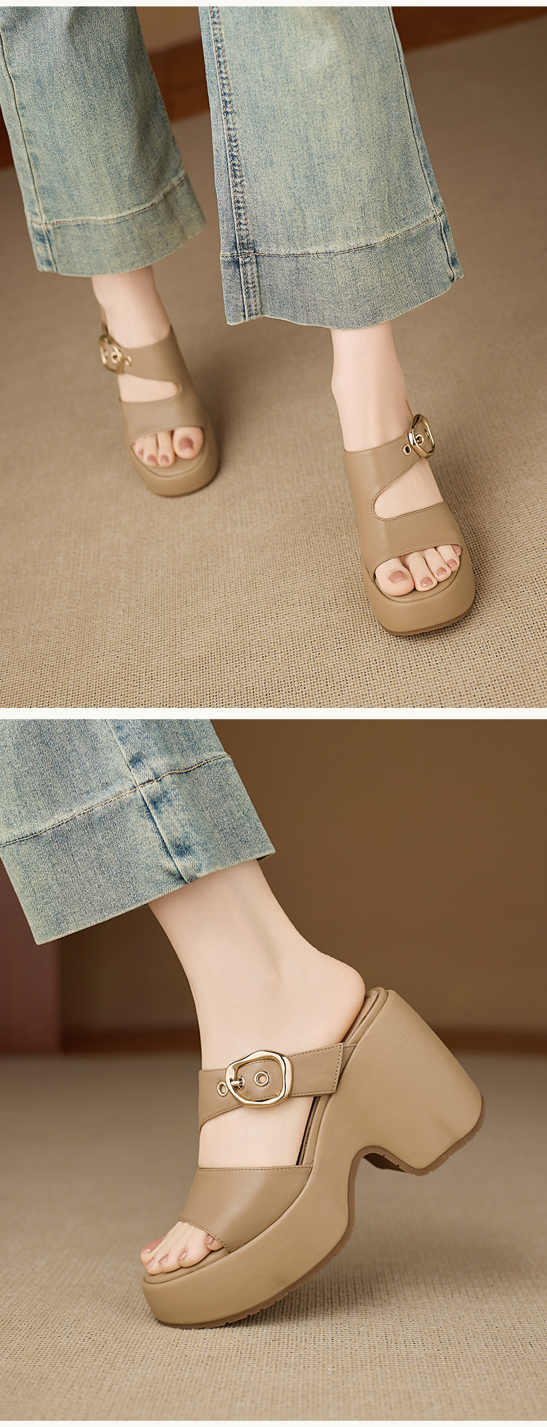 Dép sandal nữ đế xuồng cao 10cm da thật quai khóa mũi hở mùa hè — màu trắng ngà, màu mơ chi tiết 9