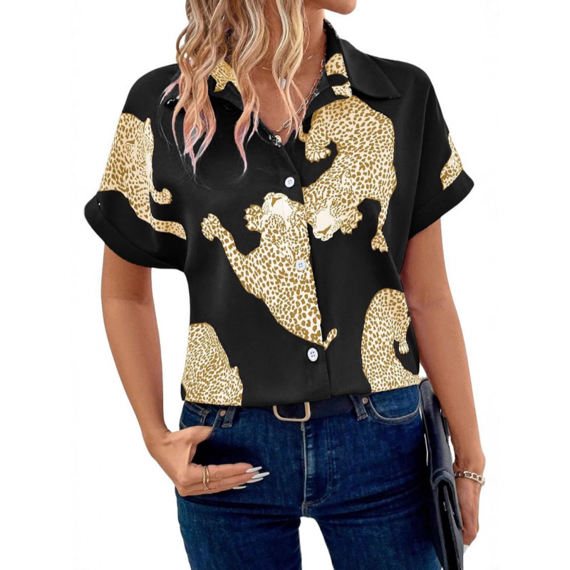 Women's Casual Short-Sleeved Shirt with Leopard Pattern Black and White Business Casual Style Women's Top Short-Sleeved Cardigan Foreign Trade