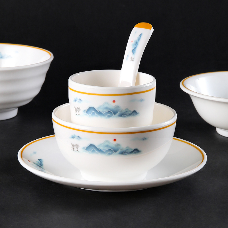密胺小碗酒店餐厅火锅店仿瓷摆台四件套餐具套装塑料碗碟勺杯防摔