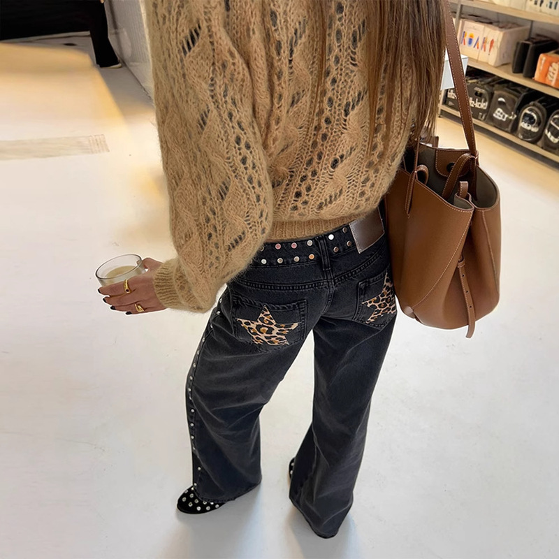 European and American Leopard Print Five-pointed Star Deconstructed Jeans Women's Y2K High Street Design Sense Rivet Straight Pants All-match Mop Pants