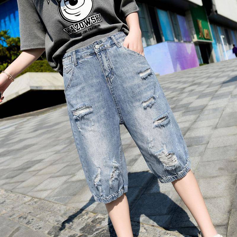 2024 Summer Explosions Ripped Cropped Jeans Women's Loose Nipped Wide-leg Breeches High Waist Straight Pants