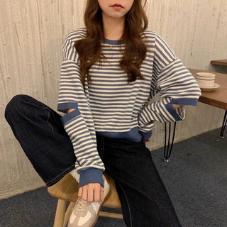 条纹长袖薄款卫衣女装秋季2025新款设计感时尚洋气别致学生上衣潮