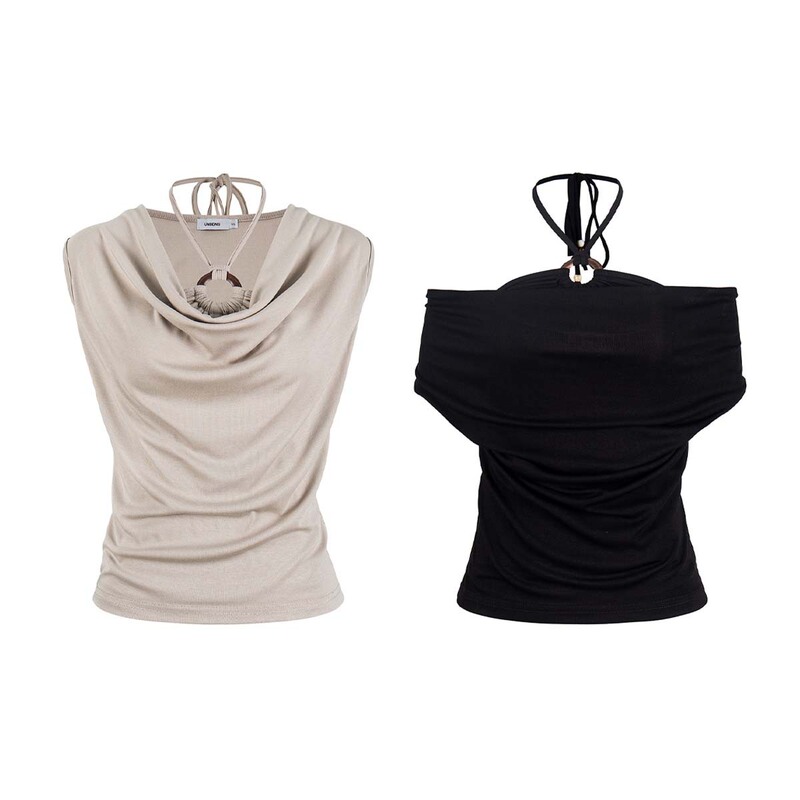 Unbdns Halter Neck Faux Two-Piece Off-Shoulder T-Shirt for Women, Summer Korean Style, Elegant Waist-Cinching, High-End Feel, Trendy Off-Shoulder Top