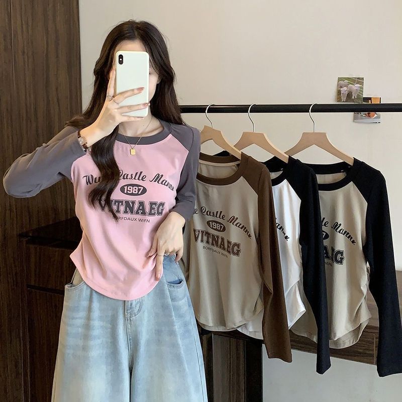 2025大码胖mm秋季女装t恤美式复古字母印花百搭长袖显瘦正肩上衣|undefined