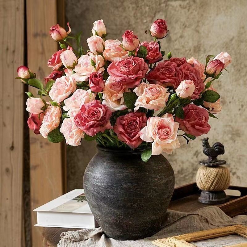 法式焦边玫瑰花假花复古客厅餐桌仿真花装饰干花摆件绢花插花摆设|undefined