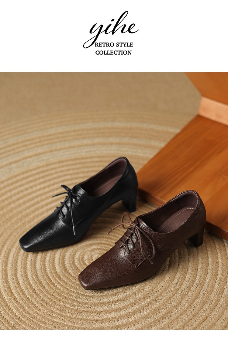 Giày da nữ đầu vuông gót thô buộc dây kiểu Anh — Màu nâu chi tiết 13