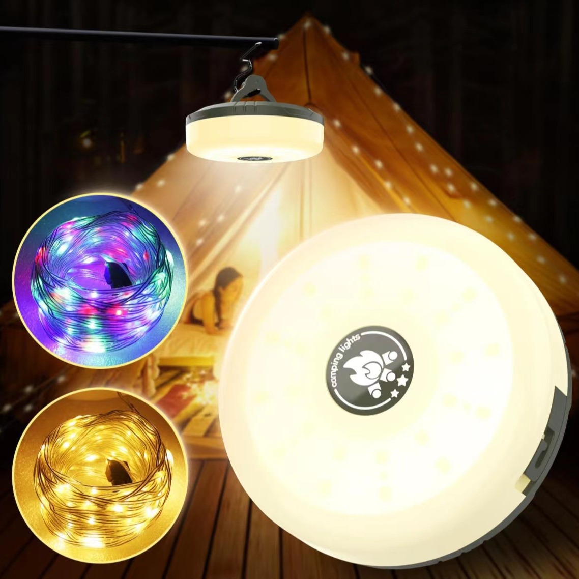 Luz de camping LED transfronteriza, luz de camping impermeable al aire libre, carga USB, luz de cadena colorida, cinta métrica, atmósfera de almacenamiento, luz de carpa