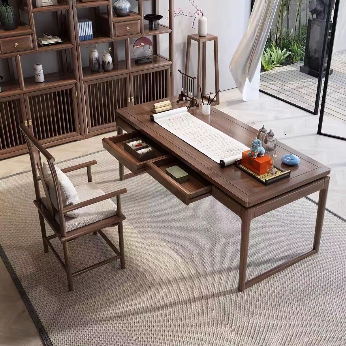 新中式老榆木书桌小户型家用实木书画桌一体简易办公简约网红新款