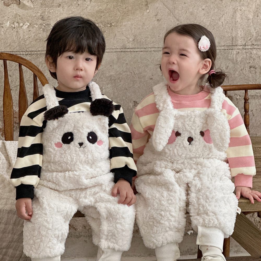 Ropa de otoño e invierno para bebés Suéter a rayas para niños coreanos Monos de lana de dibujos animados lindos Traje de salida de dos piezas