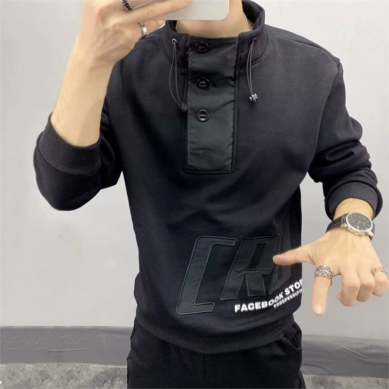 Толстовка для мужчин ins прилив 2024 новая нижняя рубашка осень-зима вышитый воротник с длинными рукавами, облегающий дикий топ