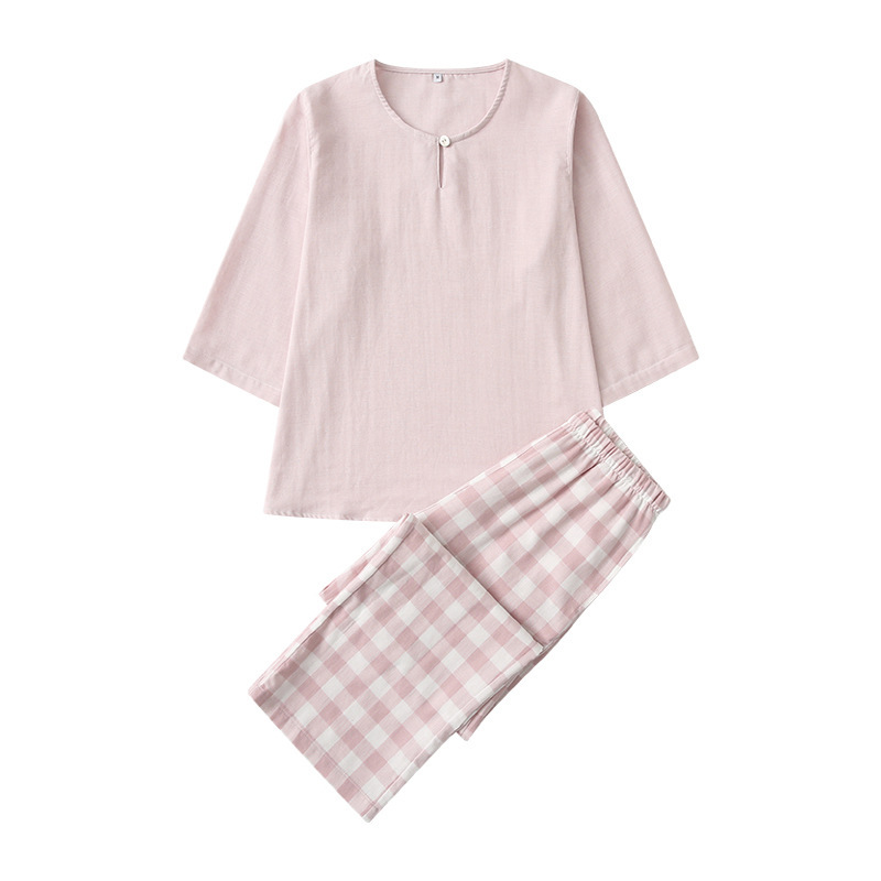 Women's Pure Cotton Pajamas Set, Double-Layer Gauze, Round Neck Pullover, Plaid, Loose, Plus Size Loungewear, Girly Style