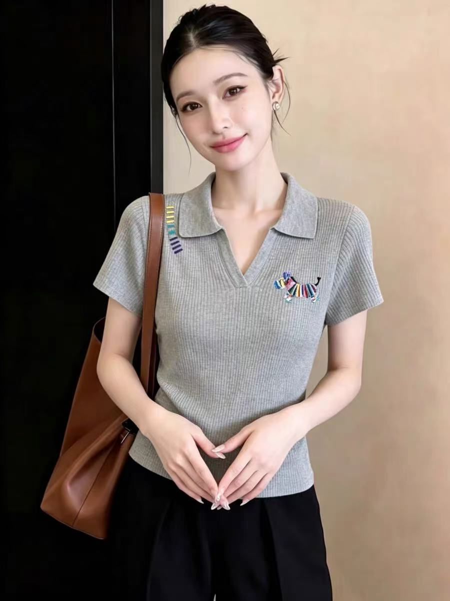 Áo thun cổ Polo nữ tay ngắn chất liệu cotton lạnh thêu hình ngựa nhỏ — màu tím