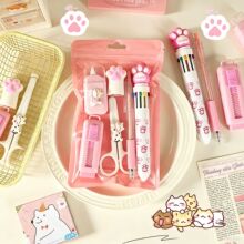 ins风少女心猫爪文具套装学生用多色笔剪刀修正带美工刀组合套装